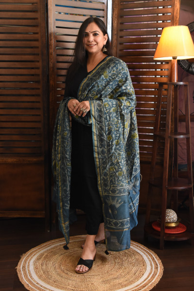 FLORAL INDIGO COTTON SILK DUPATTA