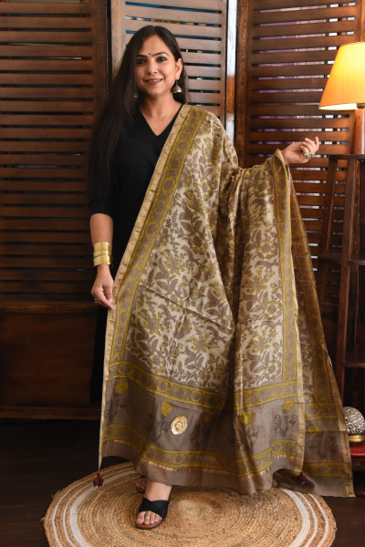 FLORAL DUSTY BEIGE - GREY COTTON SILK DUPATTA