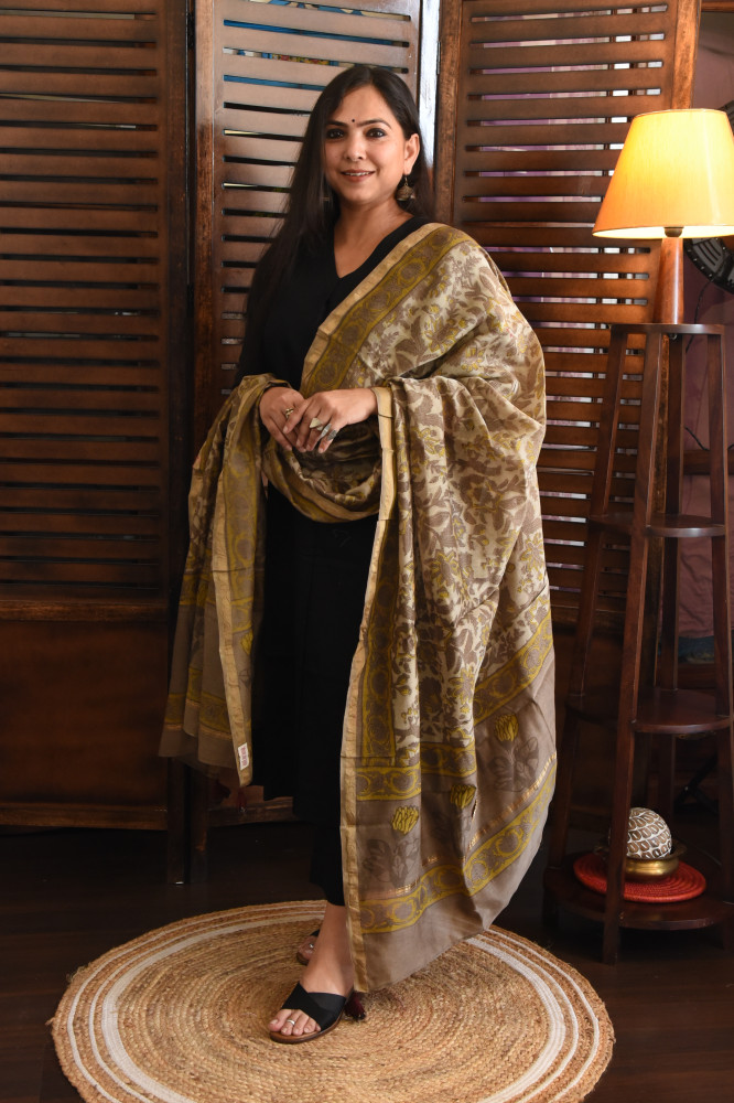 Image of FLORAL DUSTY BEIGE - GREY COTTON SILK DUPATTA