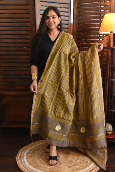 STRIPED YELLOW DUSTRY BEIGE GREY COTTON SILK DUPATTA