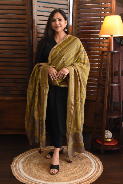 STRIPED YELLOW DUSTRY BEIGE GREY COTTON SILK DUPATTA