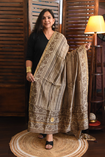 STRIPED DUSTY BEIGE - GREY COTTON SILK DUPATTA