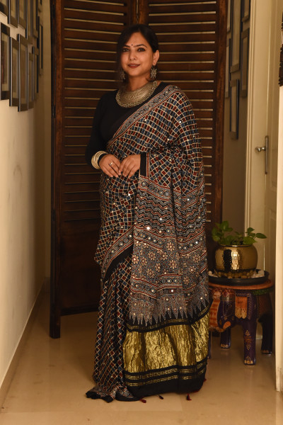 BLACK BLUE RED AJRAKH MODAL SILK SAREE WITH MIRROR WORK