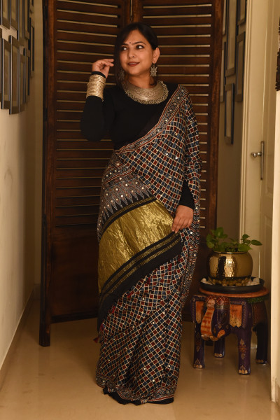 BLACK BLUE RED AJRAKH MODAL SILK SAREE WITH MIRROR WORK