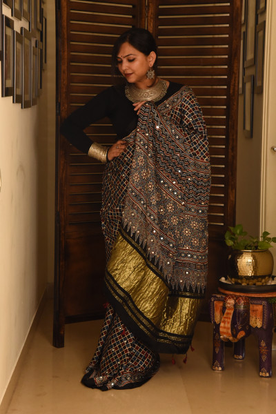 BLACK BLUE RED AJRAKH MODAL SILK SAREE WITH MIRROR WORK