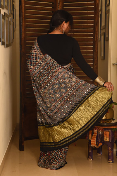 BLACK BLUE RED AJRAKH MODAL SILK SAREE WITH MIRROR WORK