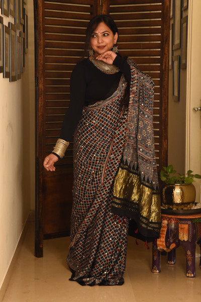 BLACK BLUE RED AJRAKH MODAL SILK SAREE WITH MIRROR WORK