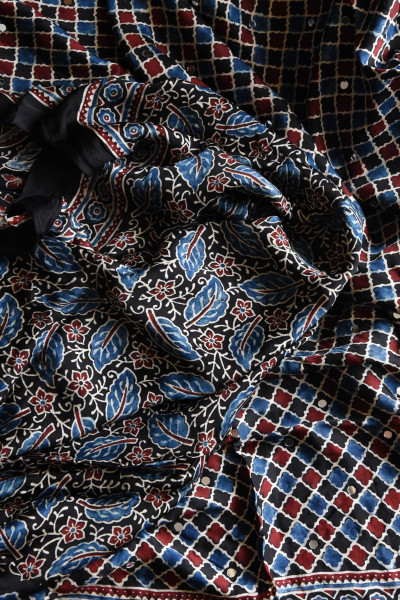 BLACK BLUE RED AJRAKH MODAL SILK SAREE WITH MIRROR WORK