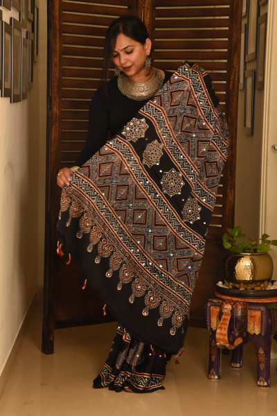 BLACK BIG LEAF AJRAKH MODAL SILK SAREE WITH MIRROR WORK