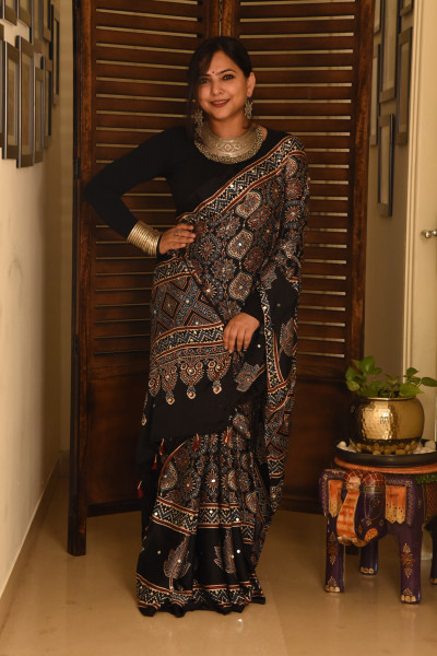BLACK BIG LEAF AJRAKH MODAL SILK SAREE WITH MIRROR WORK