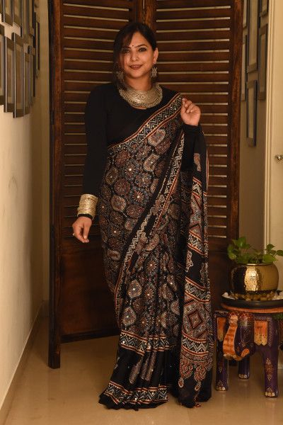 BLACK BIG LEAF AJRAKH MODAL SILK SAREE WITH MIRROR WORK