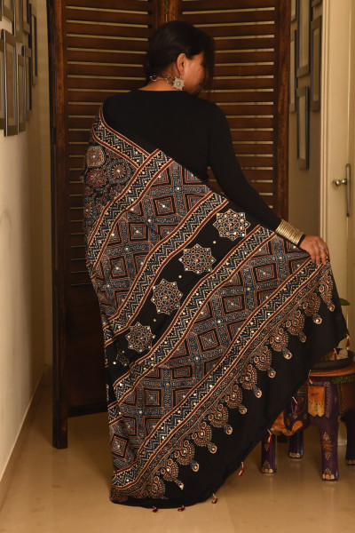 BLACK BIG LEAF AJRAKH MODAL SILK SAREE WITH MIRROR WORK