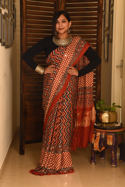 RED ZIG ZAG AJRAKH MODAL SILK SAREE WITH MIRROR WORK