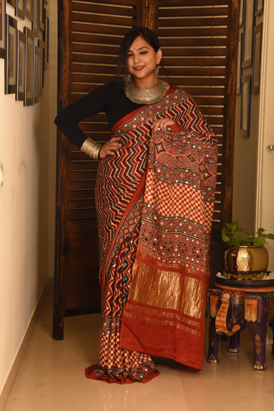 RED ZIG ZAG AJRAKH MODAL SILK SAREE WITH MIRROR WORK