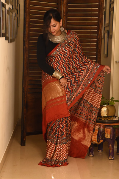 RED ZIG ZAG AJRAKH MODAL SILK SAREE WITH MIRROR WORK