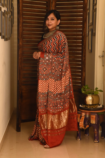 RED ZIG ZAG AJRAKH MODAL SILK SAREE WITH MIRROR WORK