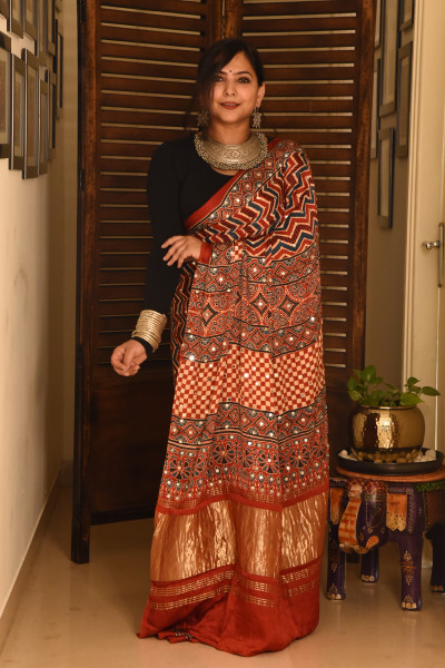 RED ZIG ZAG AJRAKH MODAL SILK SAREE WITH MIRROR WORK