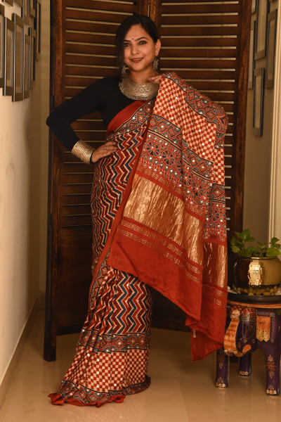 RED ZIG ZAG AJRAKH MODAL SILK SAREE WITH MIRROR WORK
