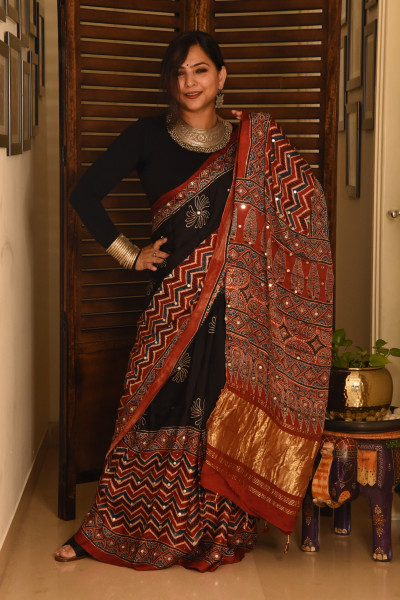 FLORAL BLACK ZIG ZAG RED AJRAKH MODAL SILK SAREE WITH MIRROR WORK