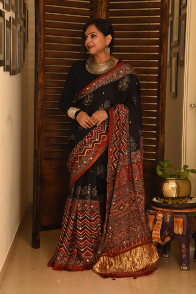 FLORAL BLACK ZIG ZAG RED AJRAKH MODAL SILK SAREE WITH MIRROR WORK