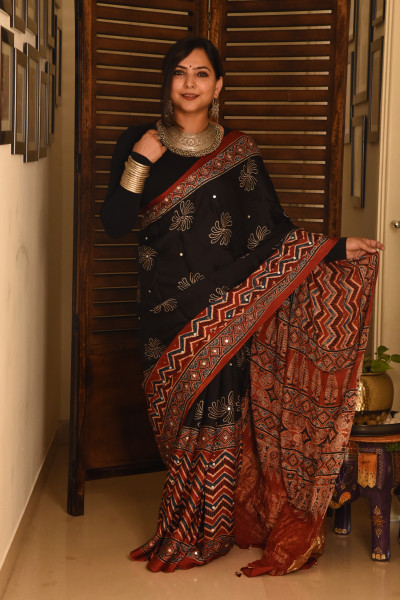 FLORAL BLACK ZIG ZAG RED AJRAKH MODAL SILK SAREE WITH MIRROR WORK
