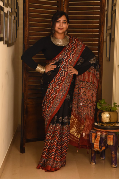 FLORAL BLACK ZIG ZAG RED AJRAKH MODAL SILK SAREE WITH MIRROR WORK