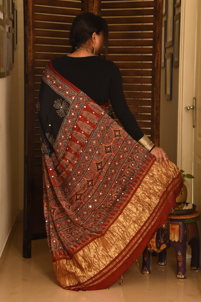 FLORAL BLACK ZIG ZAG RED AJRAKH MODAL SILK SAREE WITH MIRROR WORK