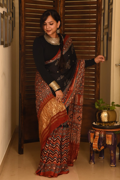 FLORAL BLACK ZIG ZAG RED AJRAKH MODAL SILK SAREE WITH MIRROR WORK