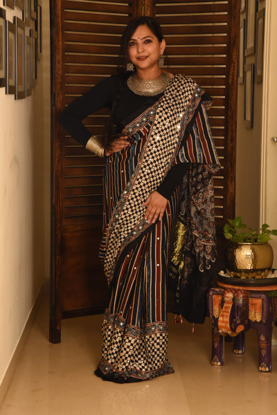 STRIPE BLACK RED BLUE AJRAKH MODAL SILK SAREE WITH MIRROR WORK