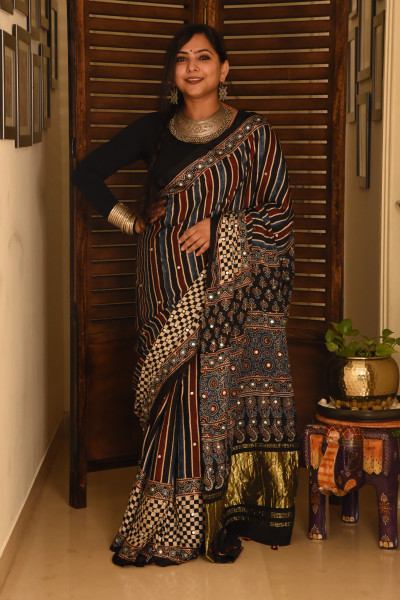 STRIPE BLACK RED BLUE AJRAKH MODAL SILK SAREE WITH MIRROR WORK