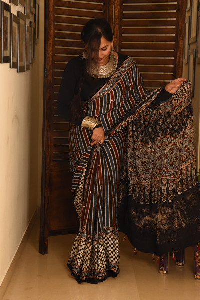 STRIPE BLACK RED BLUE AJRAKH MODAL SILK SAREE WITH MIRROR WORK