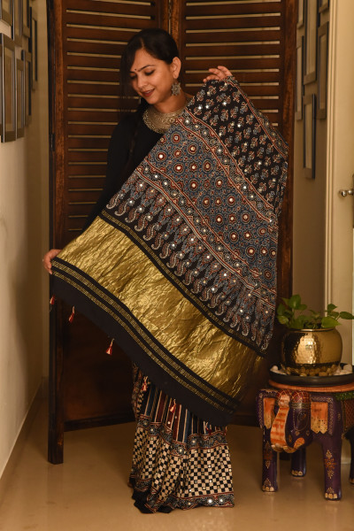 STRIPE BLACK RED BLUE AJRAKH MODAL SILK SAREE WITH MIRROR WORK