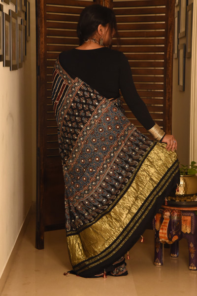 STRIPE BLACK RED BLUE AJRAKH MODAL SILK SAREE WITH MIRROR WORK