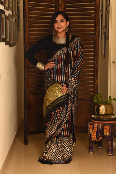 STRIPE BLACK RED BLUE AJRAKH MODAL SILK SAREE WITH MIRROR WORK