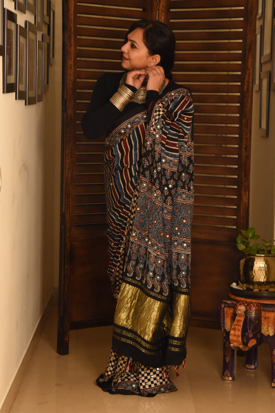 STRIPE BLACK RED BLUE AJRAKH MODAL SILK SAREE WITH MIRROR WORK