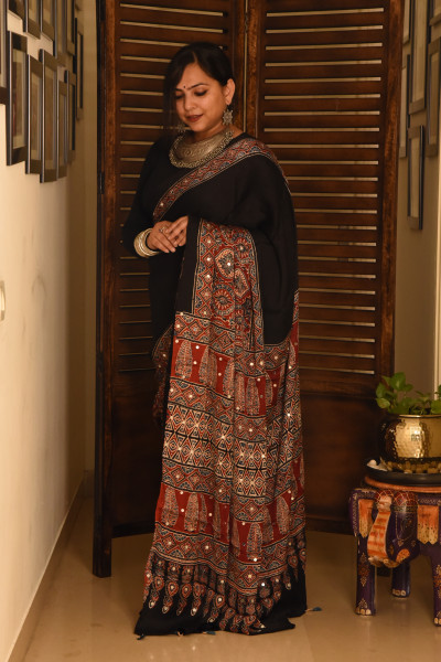HALF BLACK HALF RED AJRAKH MODAL SILK SAREE WITH MIRROR WORK
