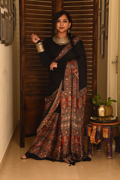 HALF BLACK HALF RED AJRAKH MODAL SILK SAREE WITH MIRROR WORK