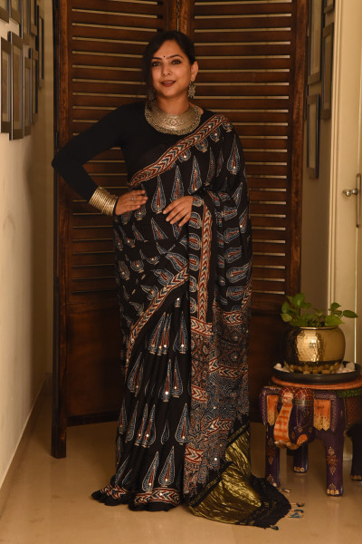 BLACK PINE AJRAKH MODAL SILK SAREE WITH MIRROR WORK