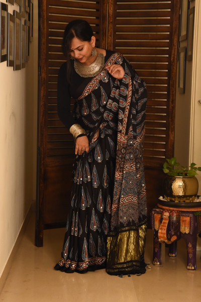 BLACK PINE AJRAKH MODAL SILK SAREE WITH MIRROR WORK