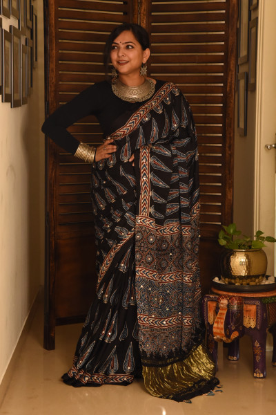 BLACK PINE AJRAKH MODAL SILK SAREE WITH MIRROR WORK