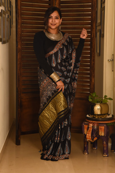 BLACK PINE AJRAKH MODAL SILK SAREE WITH MIRROR WORK