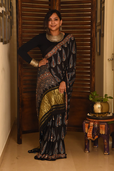 BLACK PINE AJRAKH MODAL SILK SAREE WITH MIRROR WORK