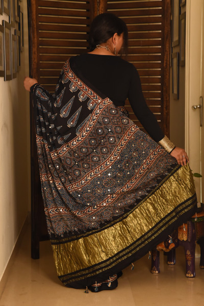 BLACK PINE AJRAKH MODAL SILK SAREE WITH MIRROR WORK