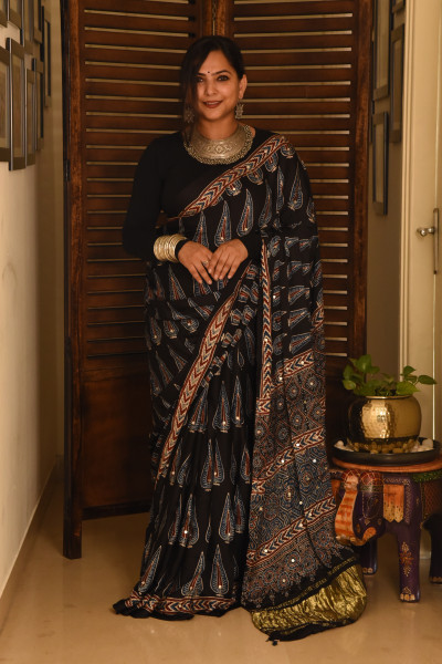 BLACK PINE AJRAKH MODAL SILK SAREE WITH MIRROR WORK