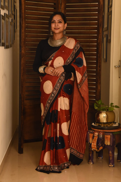RED BIG POLKA AJRAKH MODAL SILK SAREE WITH MIRROR WORK