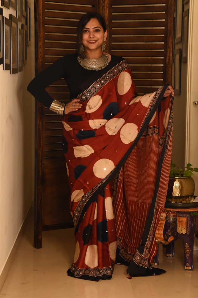 Image of RED BIG POLKA AJRAKH MODAL SILK SAREE WITH MIRROR WORK