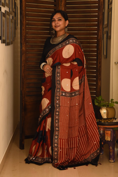 RED BIG POLKA AJRAKH MODAL SILK SAREE WITH MIRROR WORK