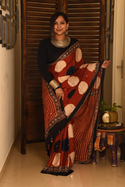 RED BIG POLKA AJRAKH MODAL SILK SAREE WITH MIRROR WORK