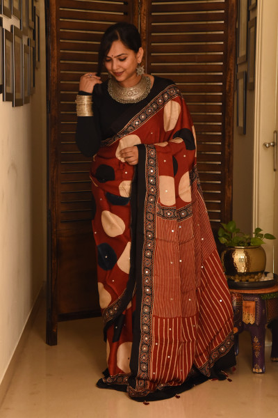 RED BIG POLKA AJRAKH MODAL SILK SAREE WITH MIRROR WORK