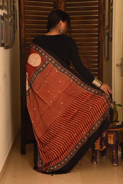 RED BIG POLKA AJRAKH MODAL SILK SAREE WITH MIRROR WORK
